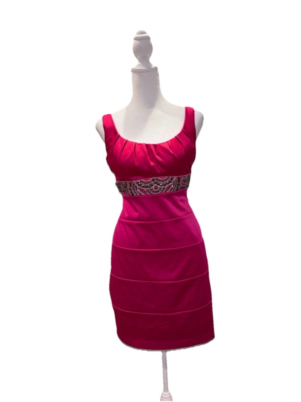 Bisou Bisou Hot Pink Satin Cocktail Dress Petite 8 Beaded Waist Bodycon